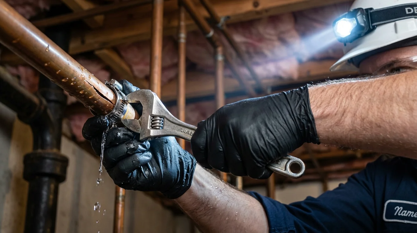 Emergency pipe clamp repair being performed by a Johns Plumbing LLC plumber in Glenns Ferry