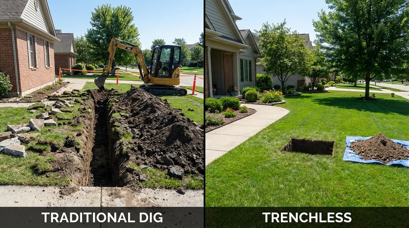 Trenchless sewer repair with minimal yard damage versus traditional excavation in Glenns Ferry, ID