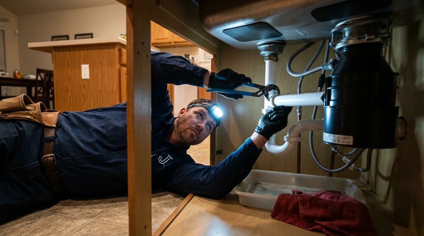 P-trap and supply line connections under a kitchen sink showing a common leak point in Glenns Ferry, ID